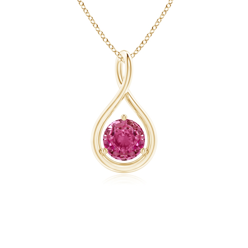 5mm AAAA Solitaire Round Pink Sapphire Infinity Twist Pendant in Yellow Gold 