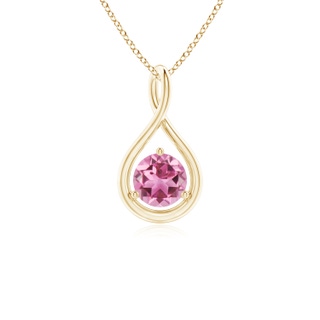 5mm AAA Solitaire Round Pink Tourmaline Infinity Twist Pendant in Yellow Gold