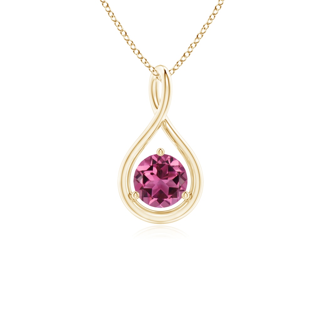 5mm AAAA Solitaire Round Pink Tourmaline Infinity Twist Pendant in Yellow Gold
