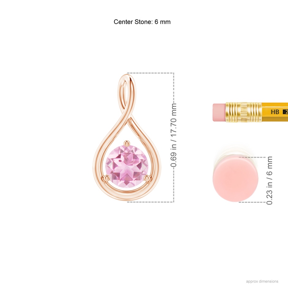 6mm A Solitaire Round Pink Tourmaline Infinity Twist Pendant in Rose Gold ruler