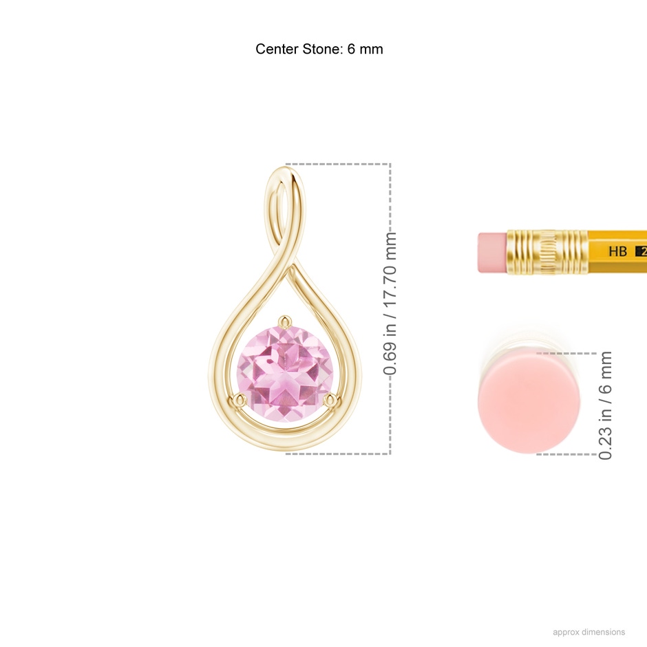 6mm A Solitaire Round Pink Tourmaline Infinity Twist Pendant in Yellow Gold ruler