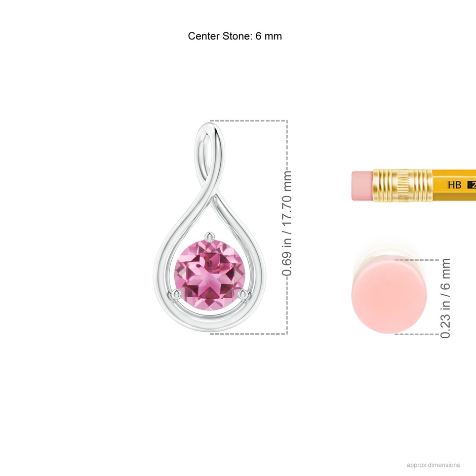 6mm AAA Solitaire Round Pink Tourmaline Infinity Twist Pendant in White Gold ruler