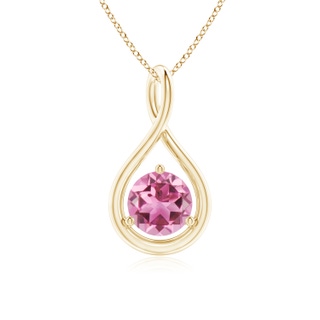 6mm AAA Solitaire Round Pink Tourmaline Infinity Twist Pendant in Yellow Gold