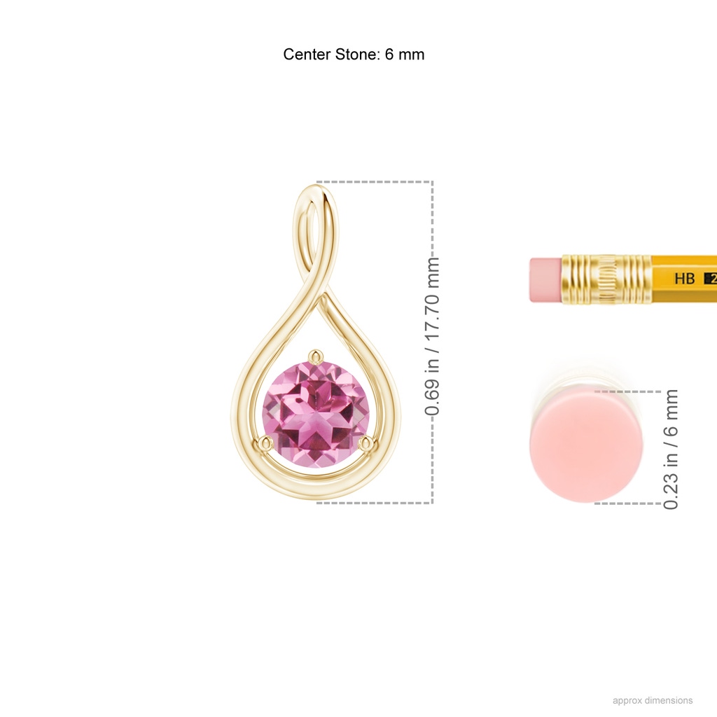 6mm AAA Solitaire Round Pink Tourmaline Infinity Twist Pendant in Yellow Gold Ruler