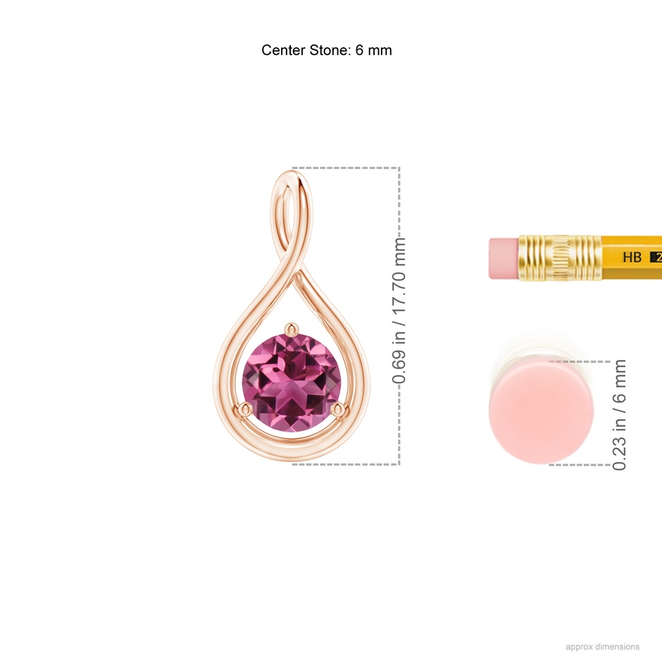 6mm AAAA Solitaire Round Pink Tourmaline Infinity Twist Pendant in Rose Gold ruler