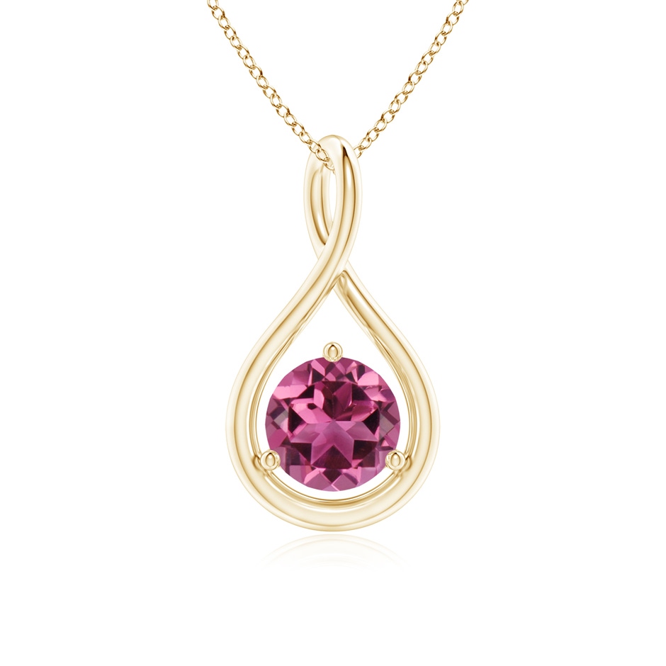 6mm AAAA Solitaire Round Pink Tourmaline Infinity Twist Pendant in Yellow Gold 