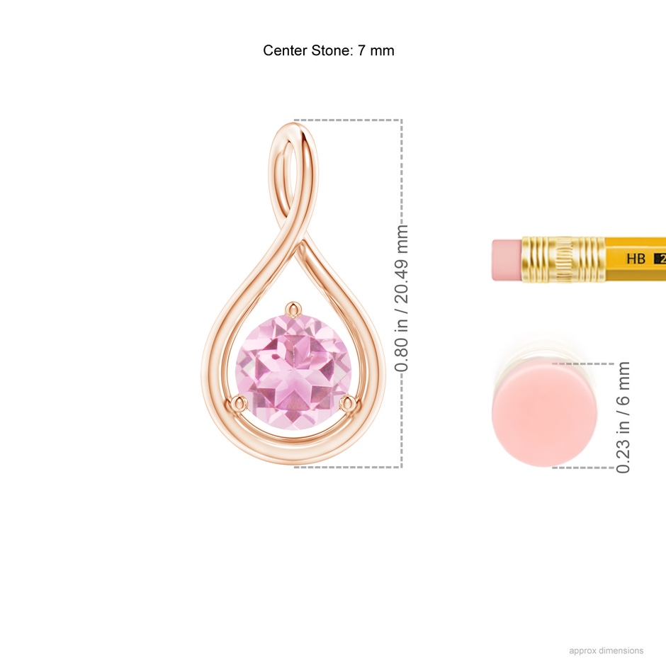 7mm A Solitaire Round Pink Tourmaline Infinity Twist Pendant in Rose Gold ruler