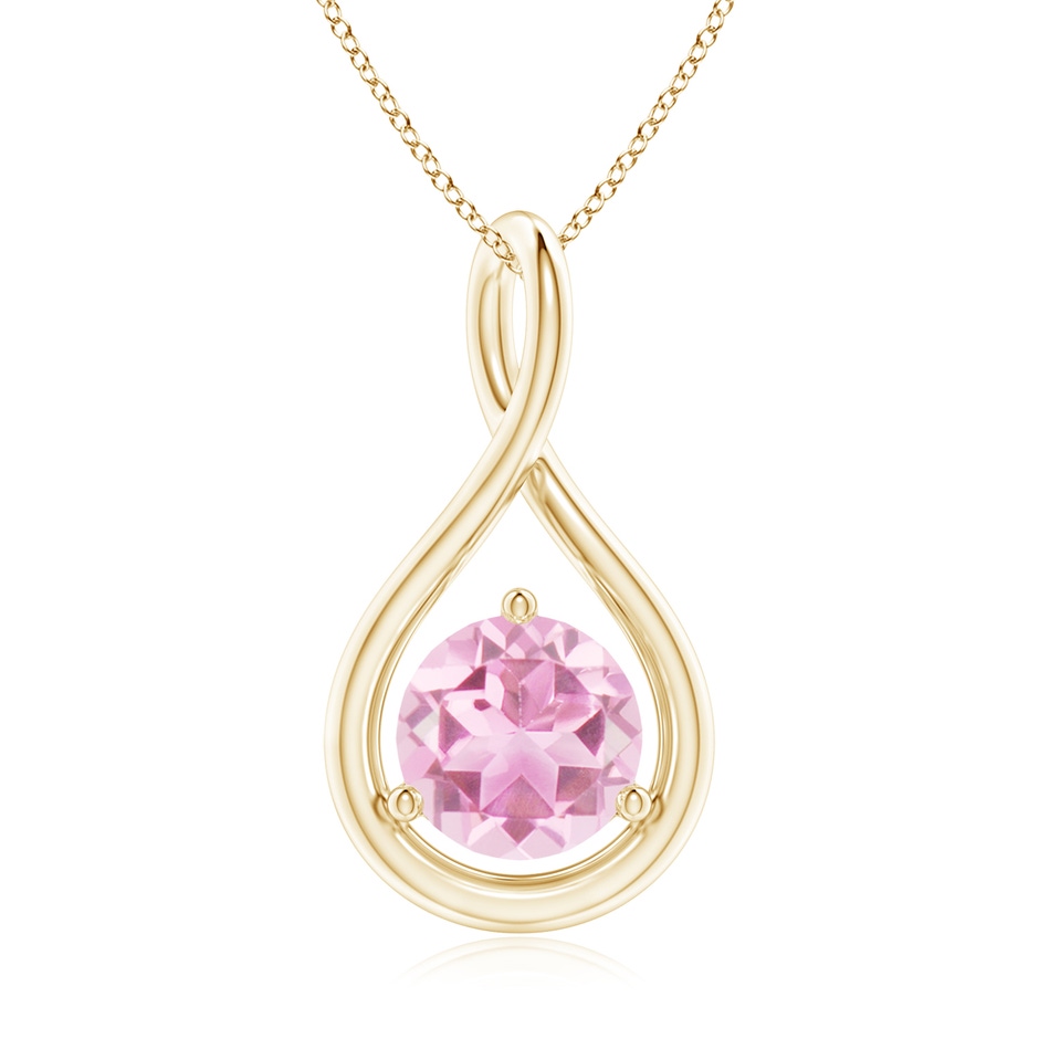 7mm A Solitaire Round Pink Tourmaline Infinity Twist Pendant in Yellow Gold 