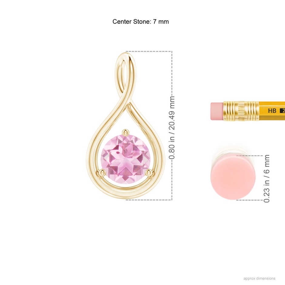 7mm A Solitaire Round Pink Tourmaline Infinity Twist Pendant in Yellow Gold ruler