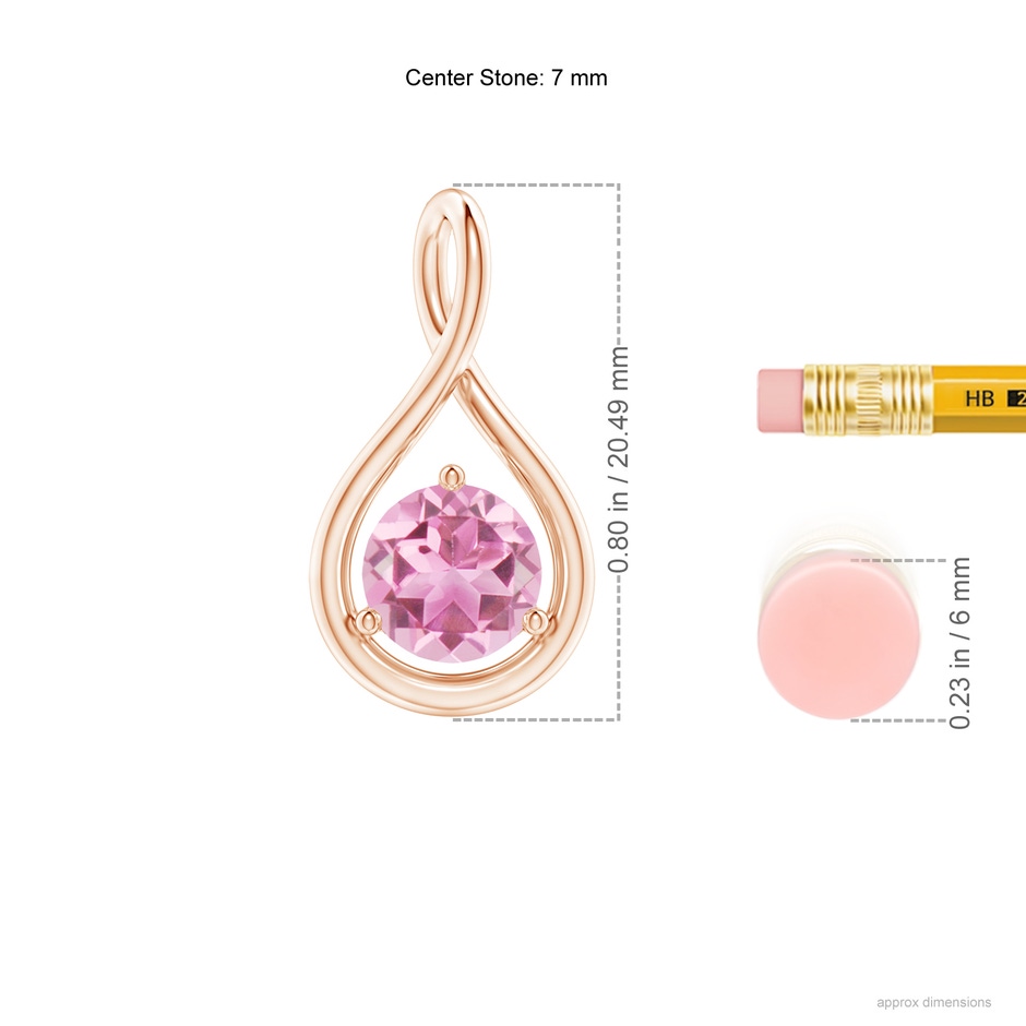 7mm AA Solitaire Round Pink Tourmaline Infinity Twist Pendant in Rose Gold ruler