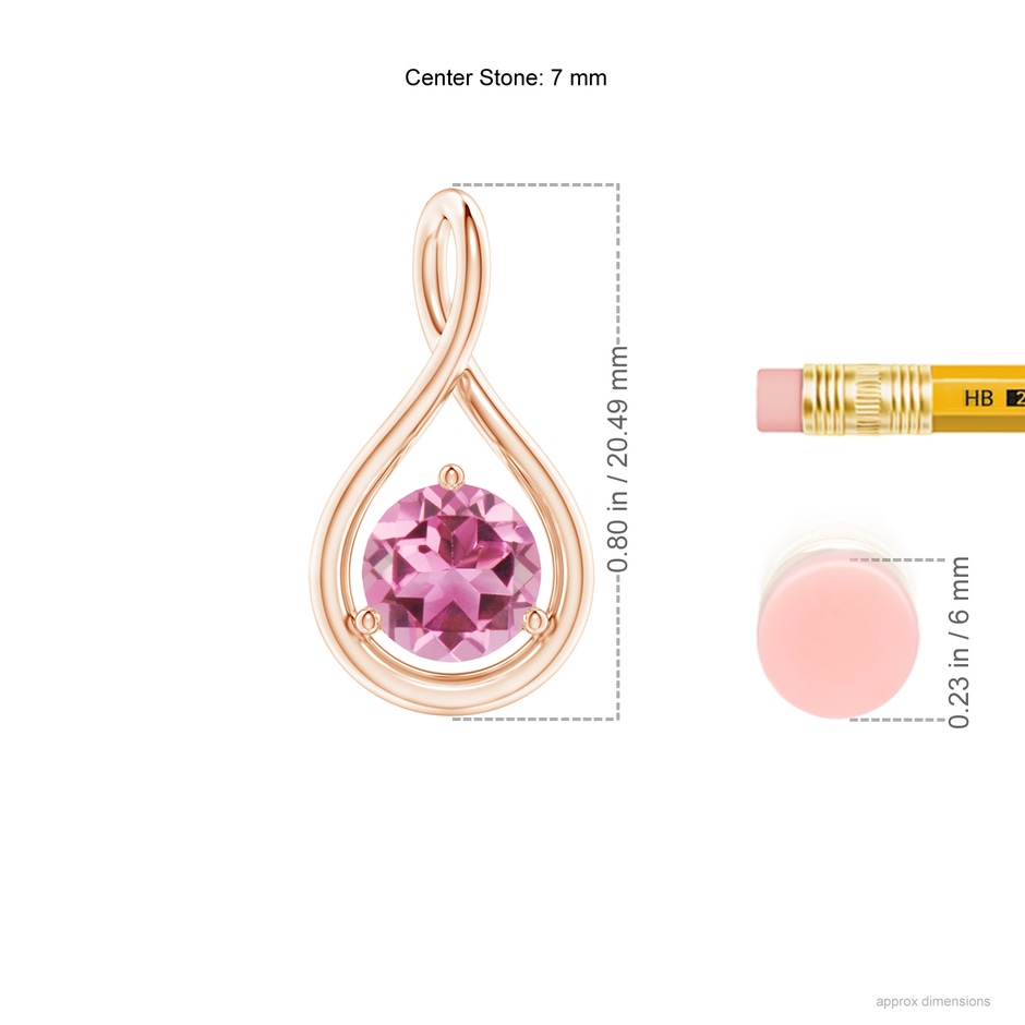 7mm AAA Solitaire Round Pink Tourmaline Infinity Twist Pendant in Rose Gold ruler