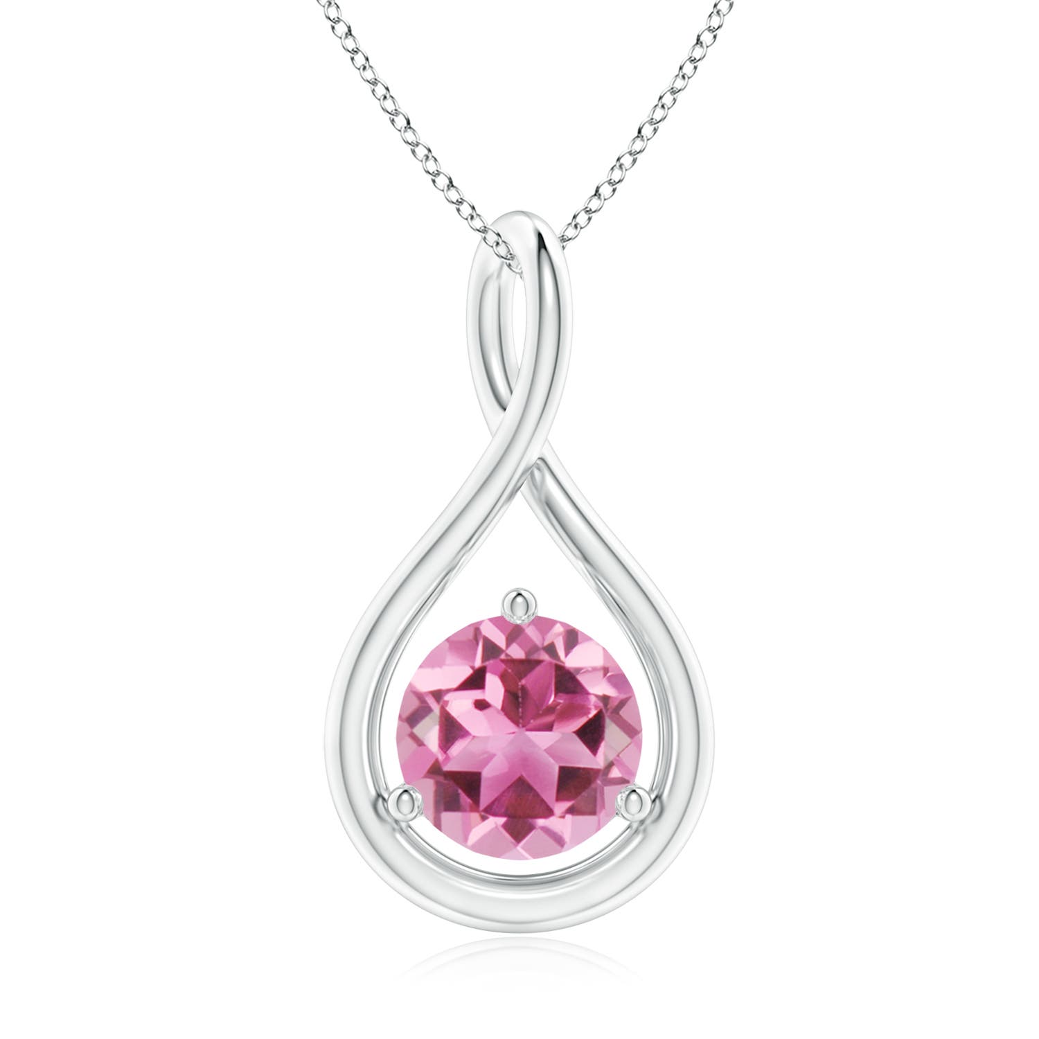 7mm AAA Solitaire Round Pink Tourmaline Infinity Twist Pendant in White Gold