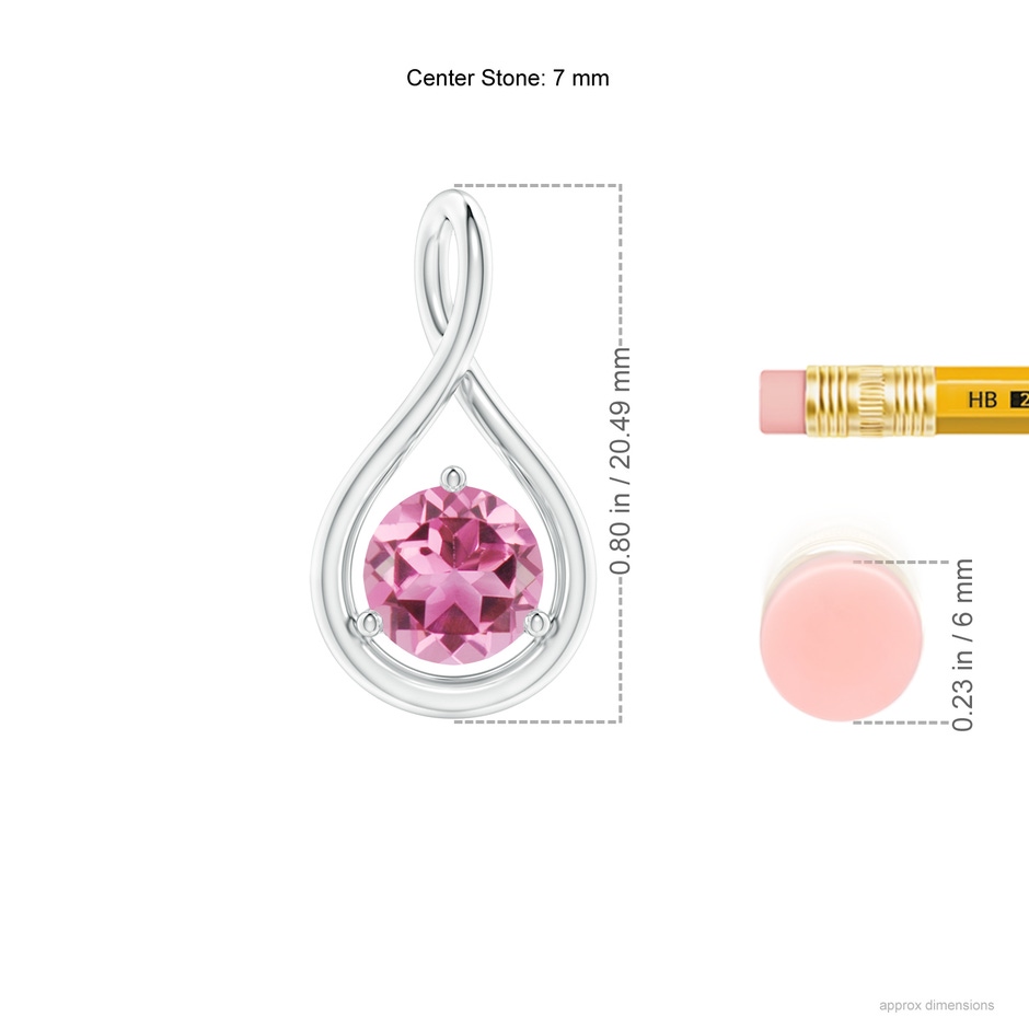 7mm AAA Solitaire Round Pink Tourmaline Infinity Twist Pendant in White Gold ruler