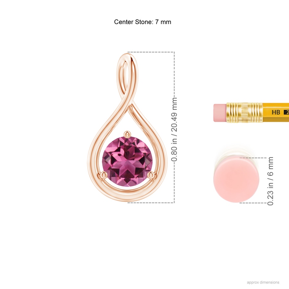 7mm AAAA Solitaire Round Pink Tourmaline Infinity Twist Pendant in Rose Gold ruler