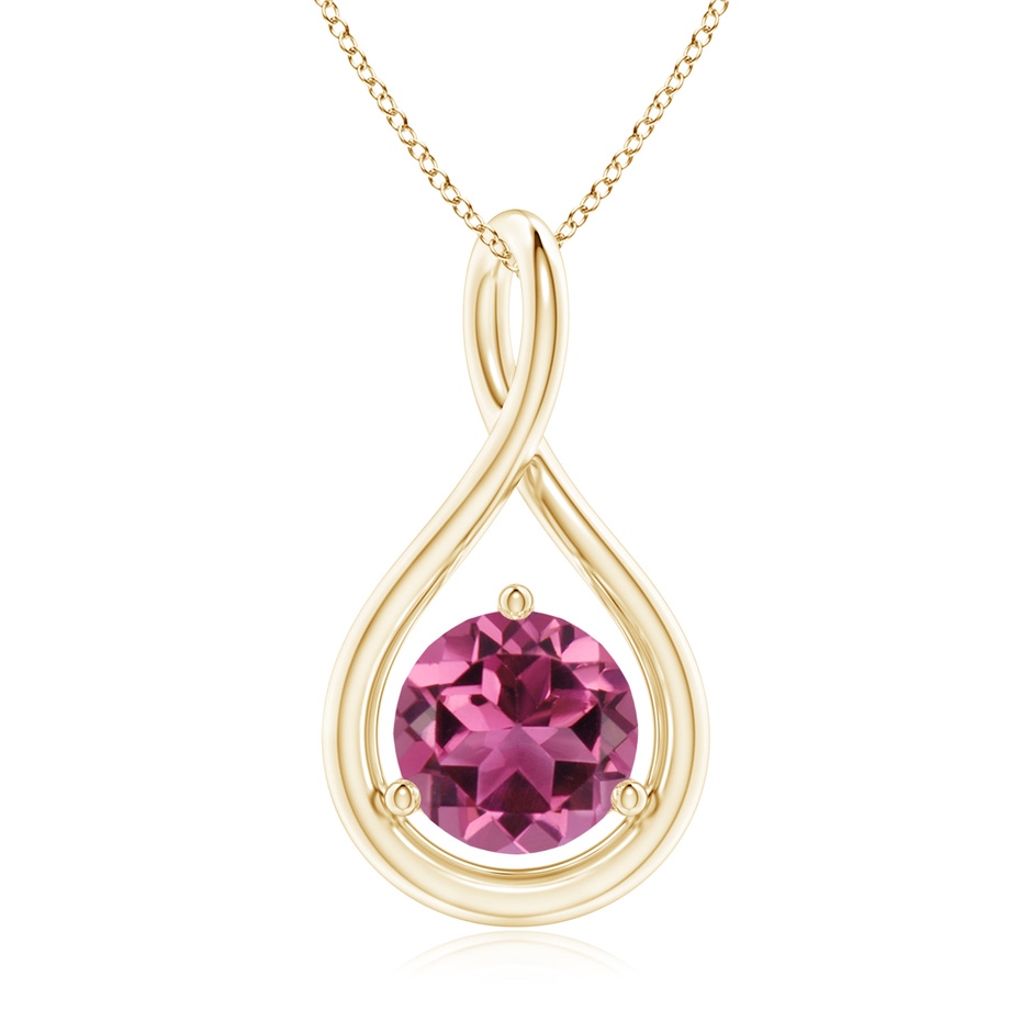 7mm AAAA Solitaire Round Pink Tourmaline Infinity Twist Pendant in Yellow Gold 