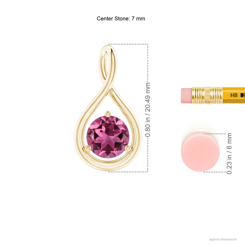 7mm AAAA Solitaire Round Pink Tourmaline Infinity Twist Pendant in Yellow Gold ruler