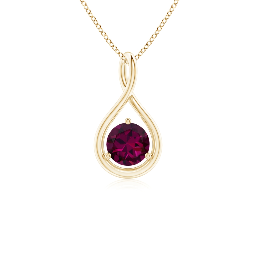 5mm AAAA Solitaire Round Rhodolite Infinity Twist Pendant in Yellow Gold