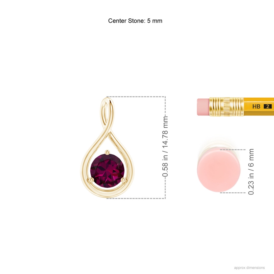 5mm AAAA Solitaire Round Rhodolite Infinity Twist Pendant in Yellow Gold ruler