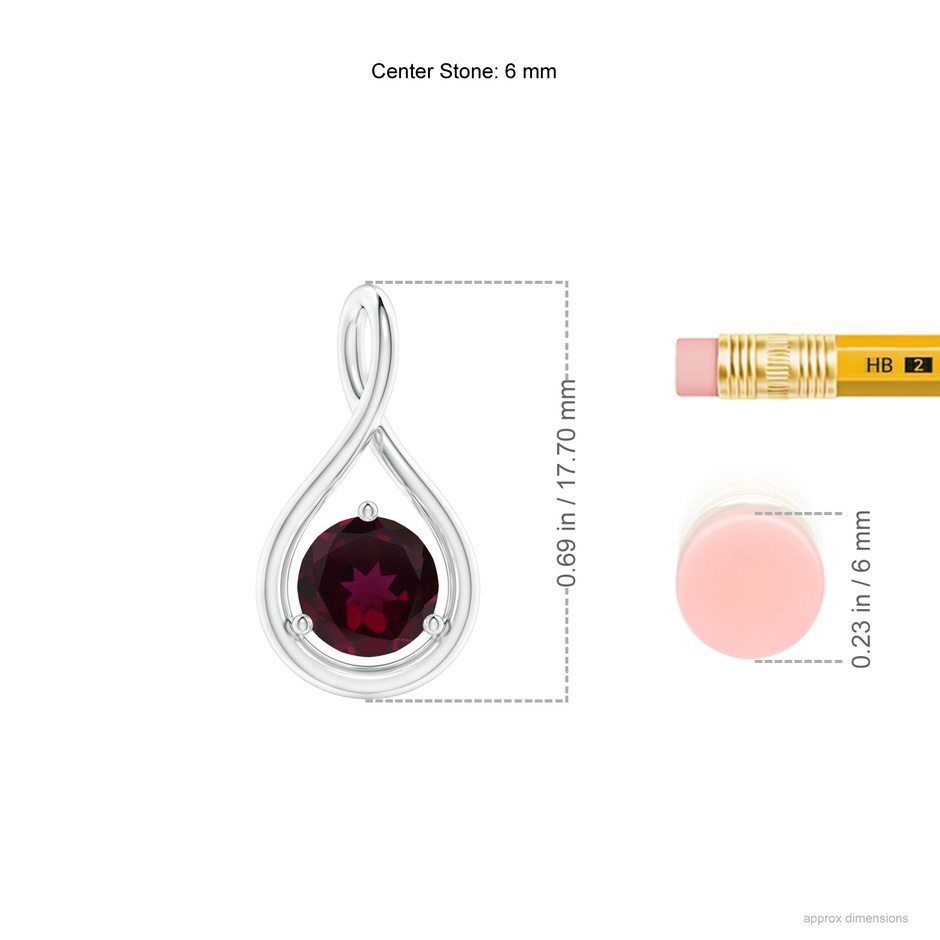 6mm AA Solitaire Round Rhodolite Infinity Twist Pendant in White Gold ruler