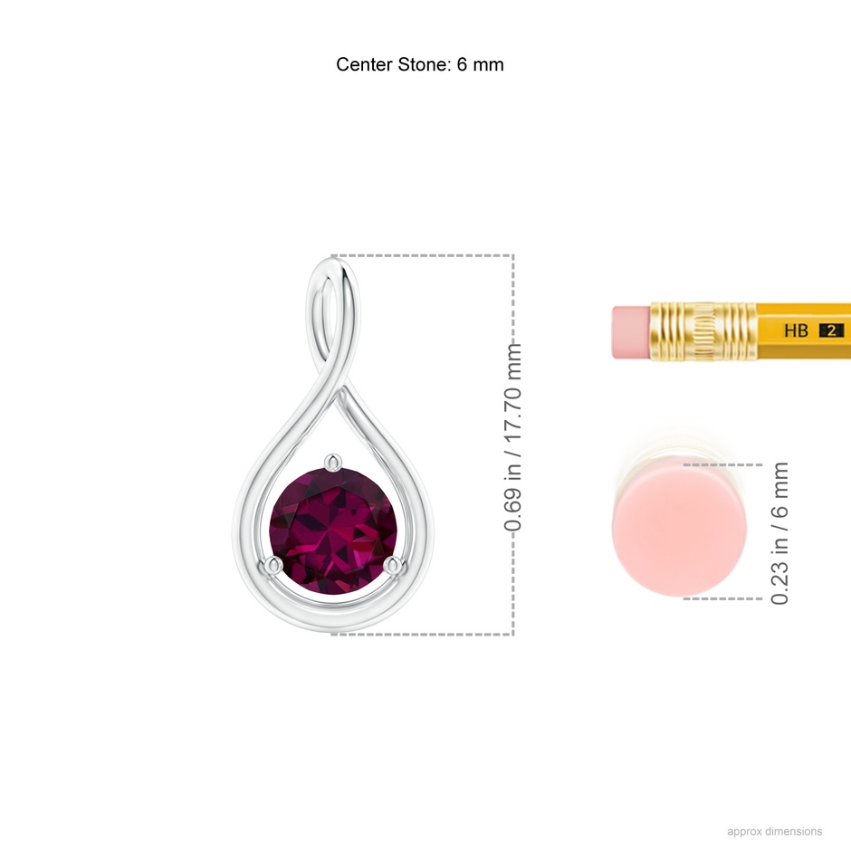6mm AAAA Solitaire Round Rhodolite Infinity Twist Pendant in White Gold ruler
