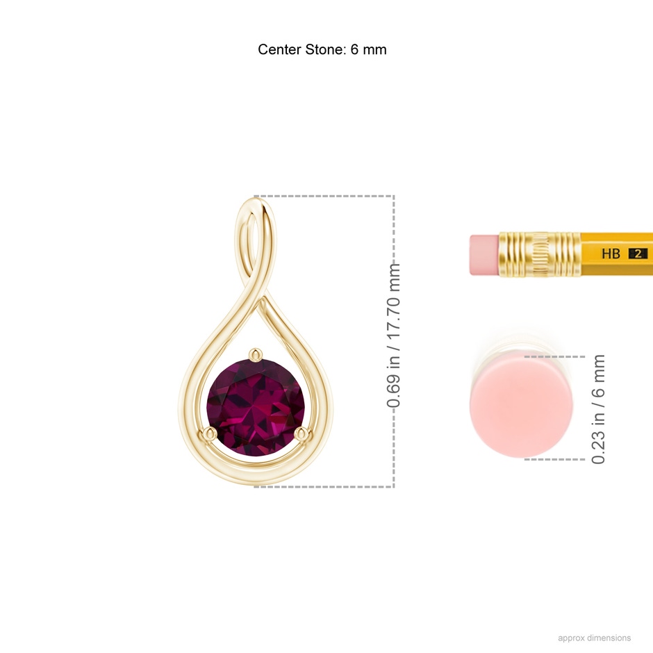 6mm AAAA Solitaire Round Rhodolite Infinity Twist Pendant in Yellow Gold ruler