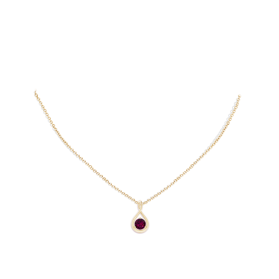 6mm AAAA Solitaire Round Rhodolite Infinity Twist Pendant in Yellow Gold pen