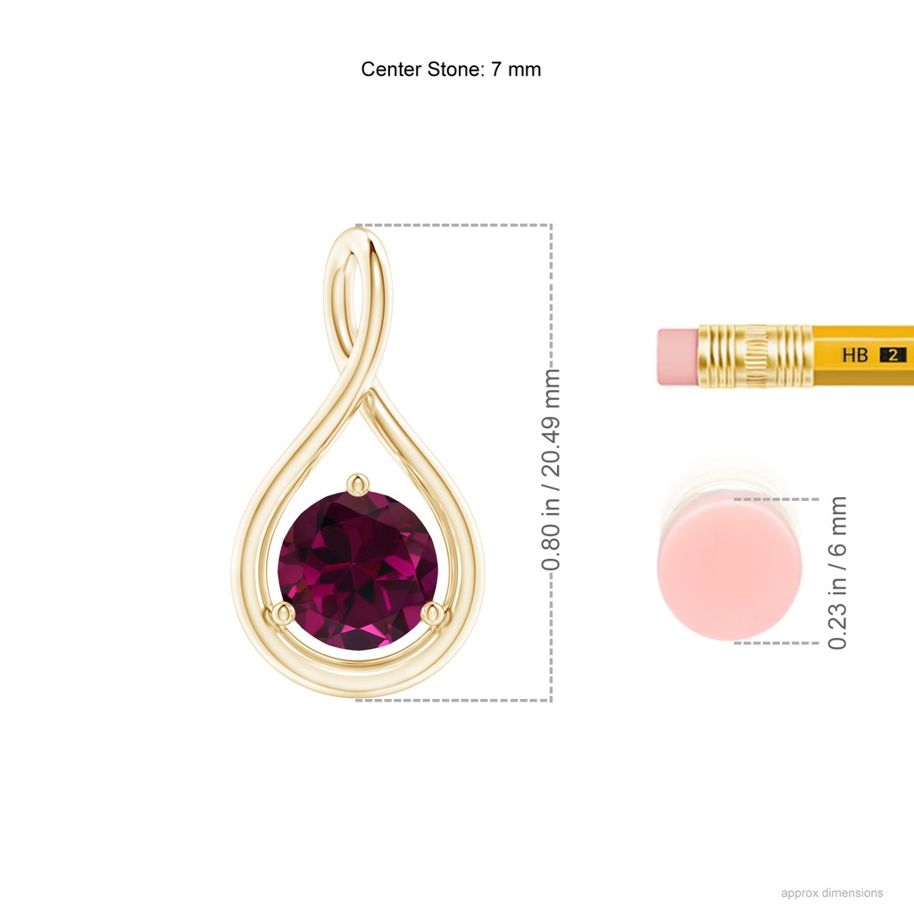 7mm AAA Solitaire Round Rhodolite Infinity Twist Pendant in Yellow Gold Ruler