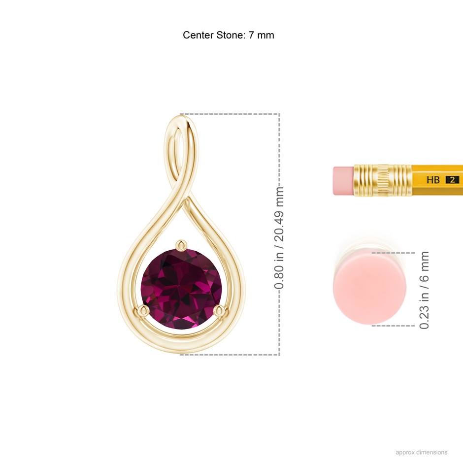 7mm AAA Solitaire Round Rhodolite Infinity Twist Pendant in Yellow Gold ruler