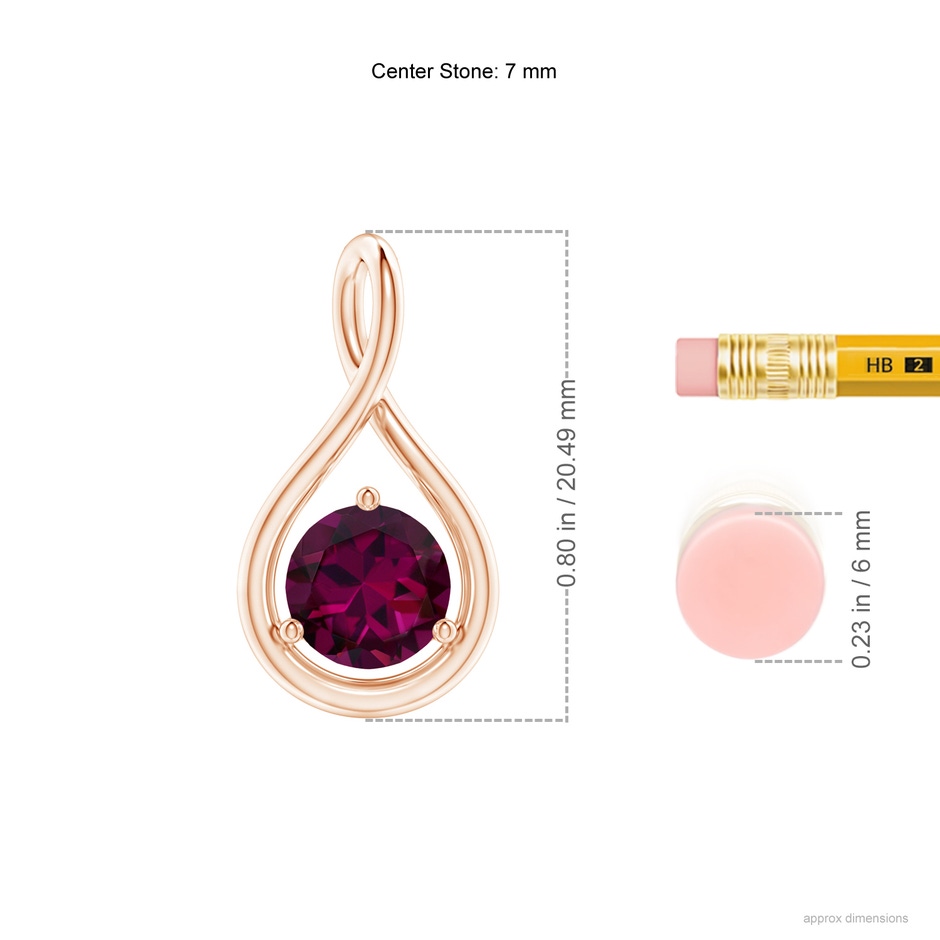 7mm AAAA Solitaire Round Rhodolite Infinity Twist Pendant in 18K Rose Gold ruler