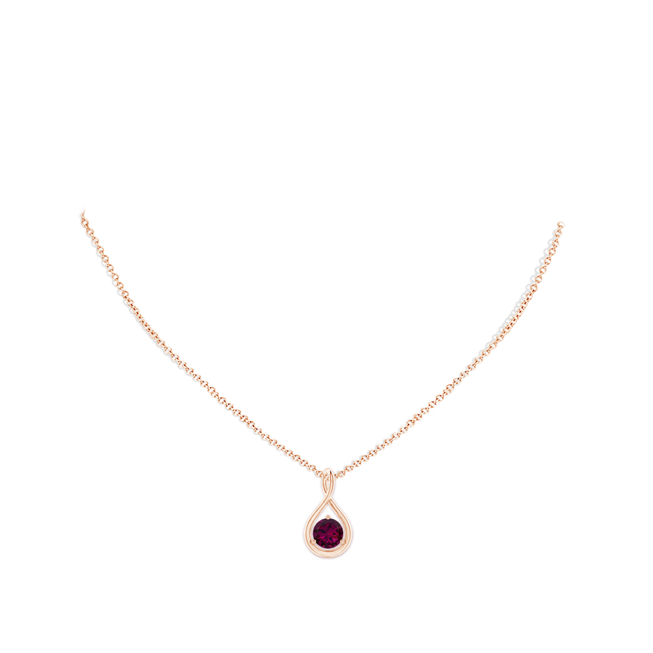 7mm AAAA Solitaire Round Rhodolite Infinity Twist Pendant in 18K Rose Gold pen