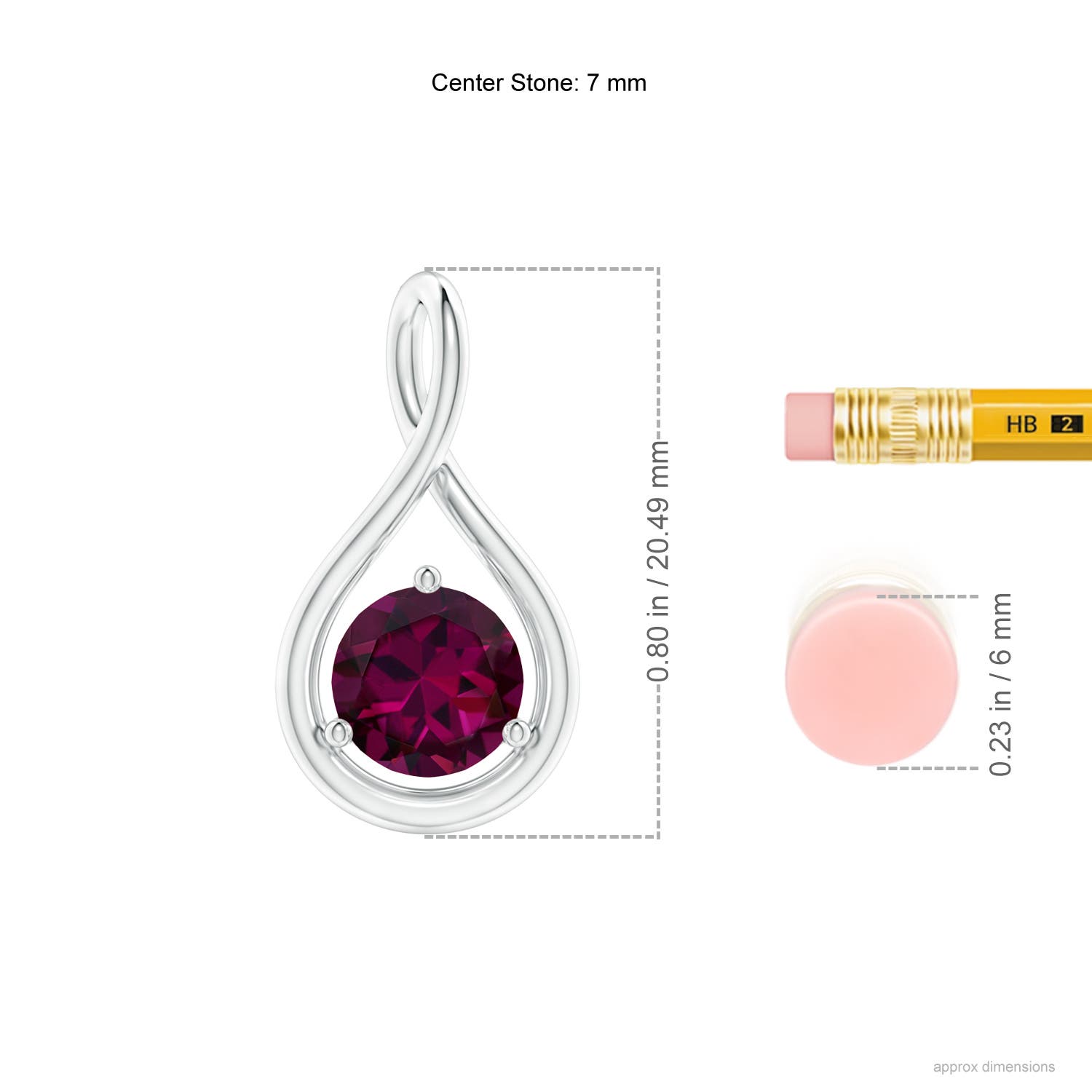 7mm AAAA Solitaire Round Rhodolite Infinity Twist Pendant in White Gold - ruler