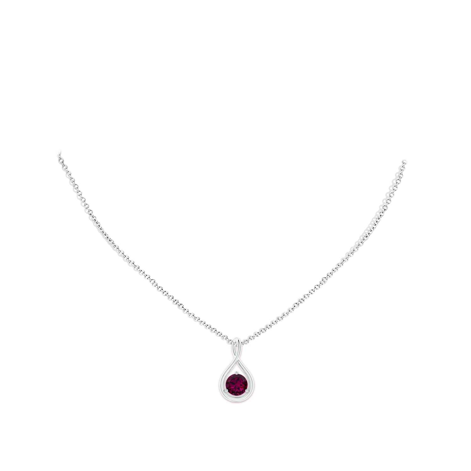 7mm AAAA Solitaire Round Rhodolite Infinity Twist Pendant in White Gold - body_neck