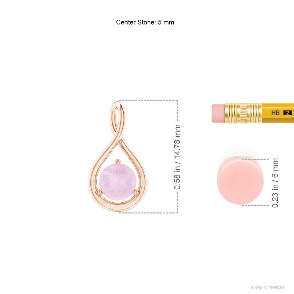 5mm AA Solitaire Round Rose Quartz Infinity Twist Pendant in Rose Gold ruler