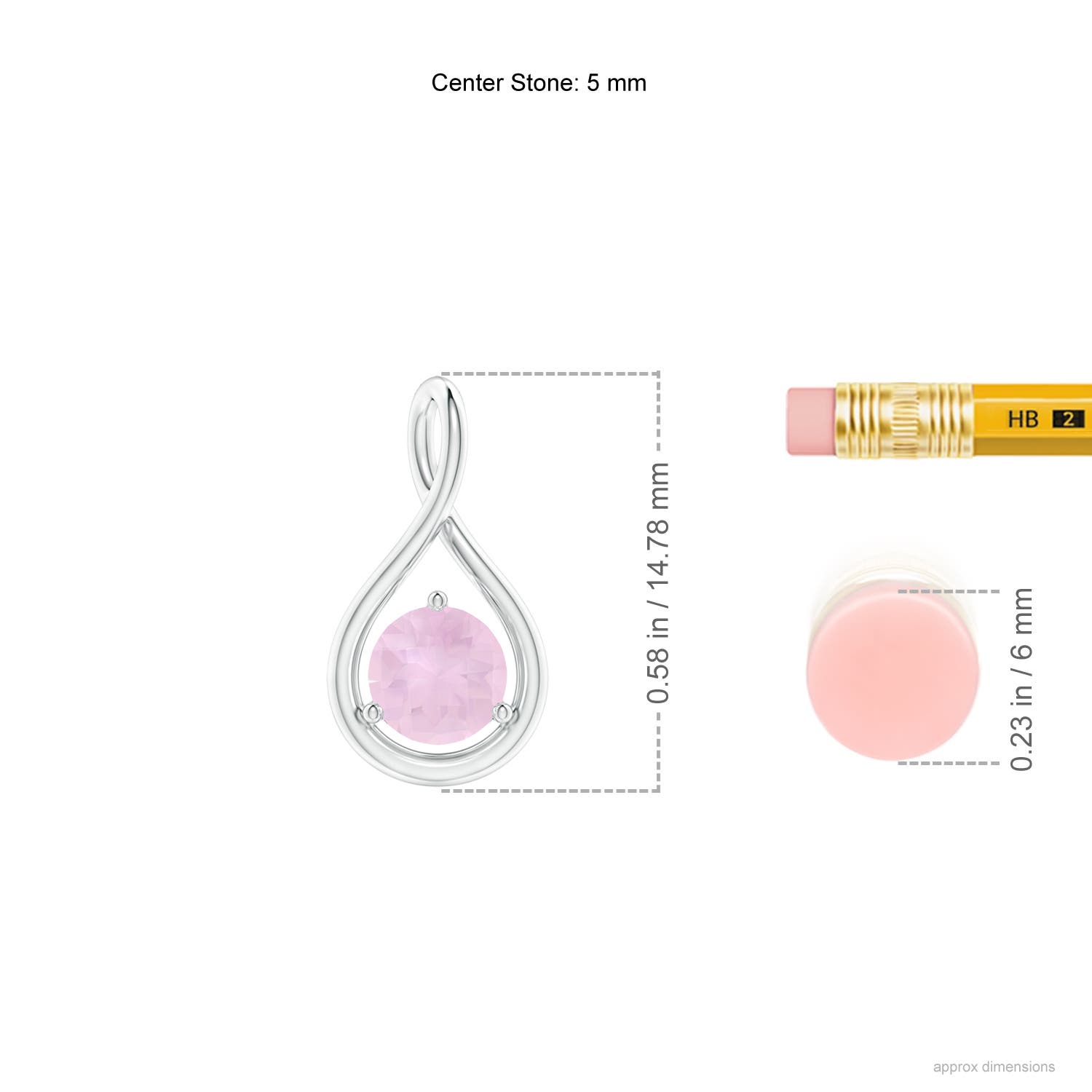 5mm AAA Solitaire Round Rose Quartz Infinity Twist Pendant in White Gold - ruler