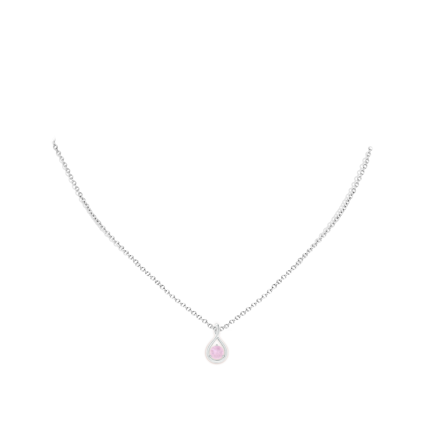 5mm AAA Solitaire Round Rose Quartz Infinity Twist Pendant in White Gold - body_neck