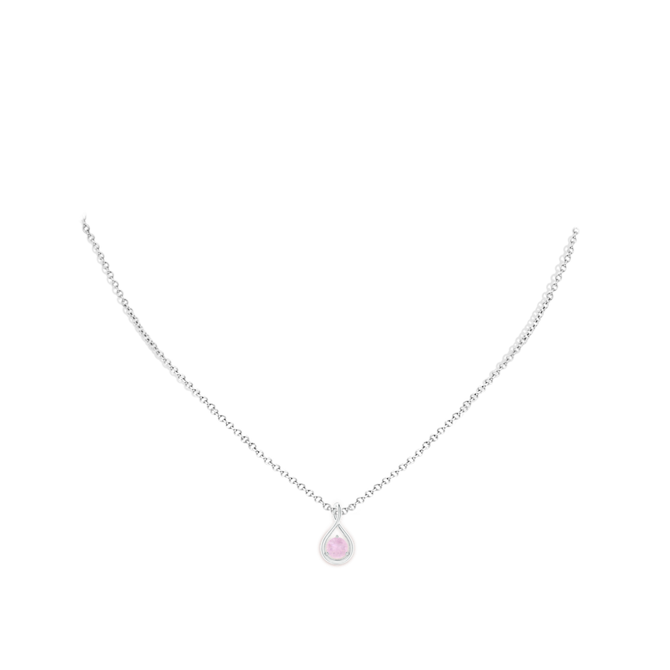 5mm AAA Solitaire Round Rose Quartz Infinity Twist Pendant in White Gold body-neck