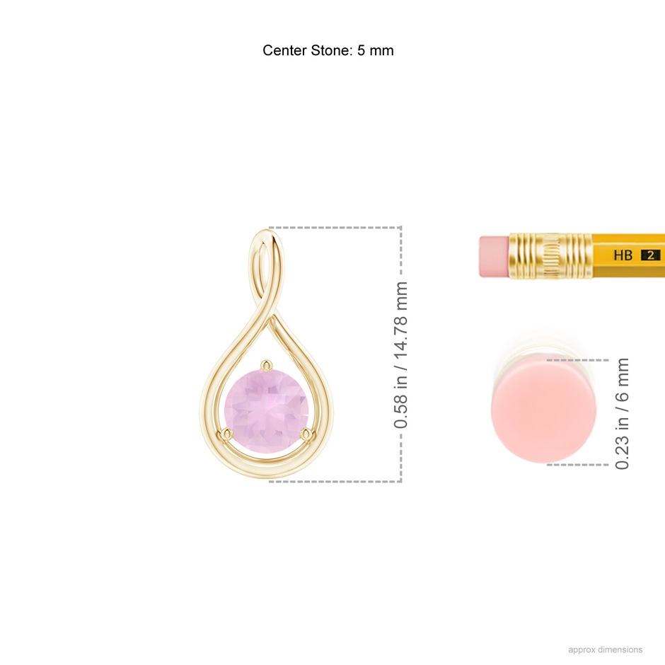 5mm AAAA Solitaire Round Rose Quartz Infinity Twist Pendant in Yellow Gold ruler