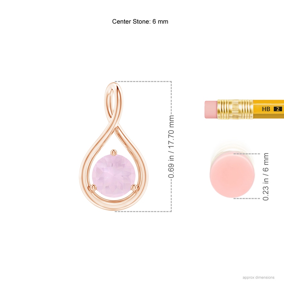 6mm AA Solitaire Round Rose Quartz Infinity Twist Pendant in Rose Gold ruler