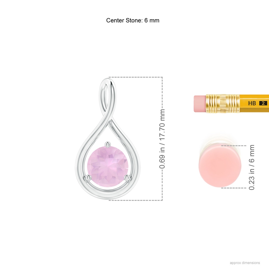 6mm AAAA Solitaire Round Rose Quartz Infinity Twist Pendant in P950 Platinum ruler