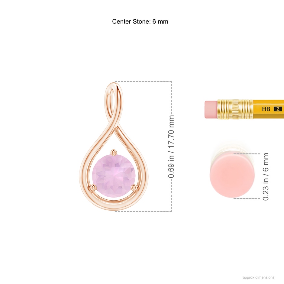6mm AAAA Solitaire Round Rose Quartz Infinity Twist Pendant in Rose Gold ruler