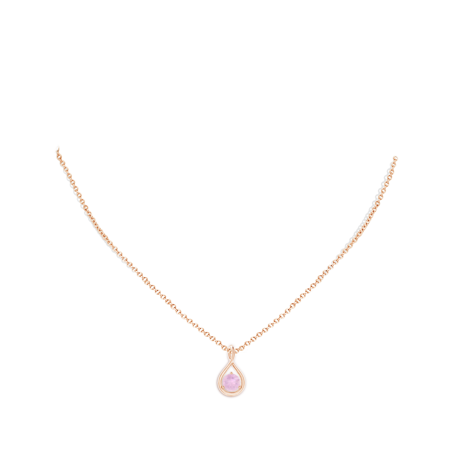 6mm AAAA Solitaire Round Rose Quartz Infinity Twist Pendant in Rose Gold body-neck