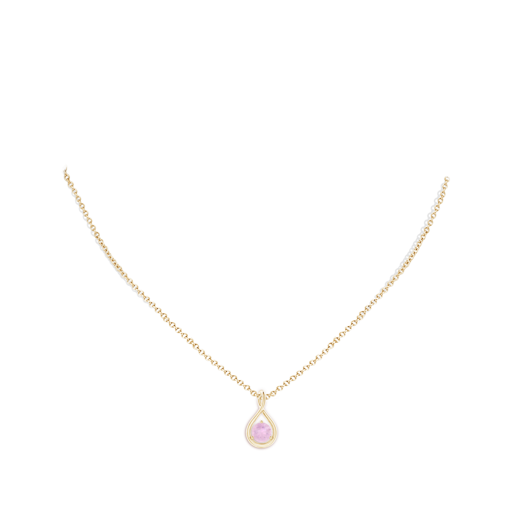 6mm AAAA Solitaire Round Rose Quartz Infinity Twist Pendant in Yellow Gold Body-Neck
