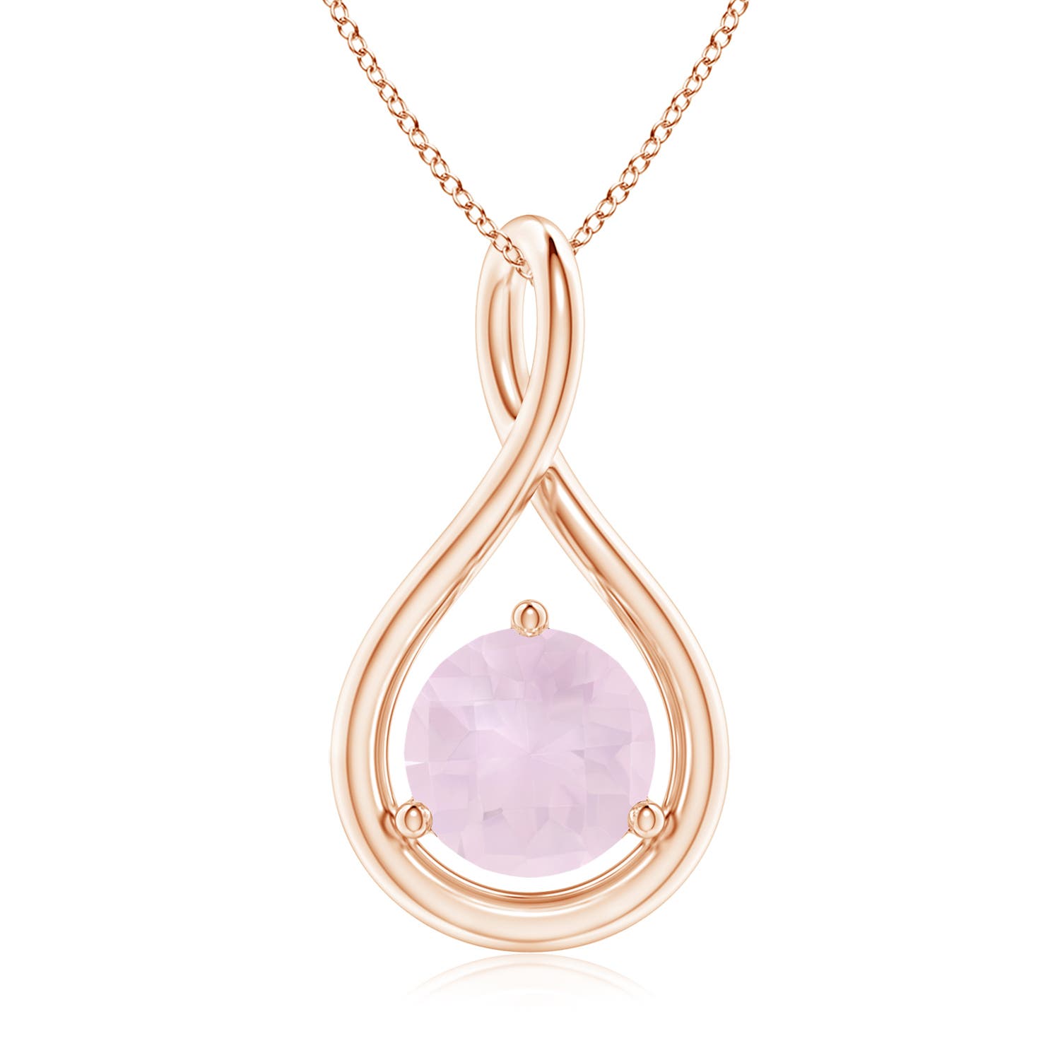 7mm A Solitaire Round Rose Quartz Infinity Twist Pendant in Rose Gold