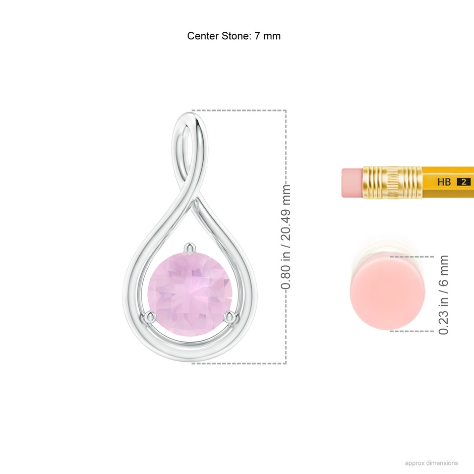 7mm AAAA Solitaire Round Rose Quartz Infinity Twist Pendant in P950 Platinum ruler