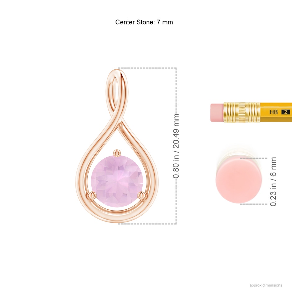 7mm AAAA Solitaire Round Rose Quartz Infinity Twist Pendant in Rose Gold ruler