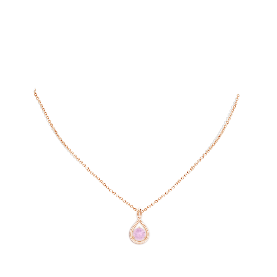 7mm AAAA Solitaire Round Rose Quartz Infinity Twist Pendant in Rose Gold body-neck