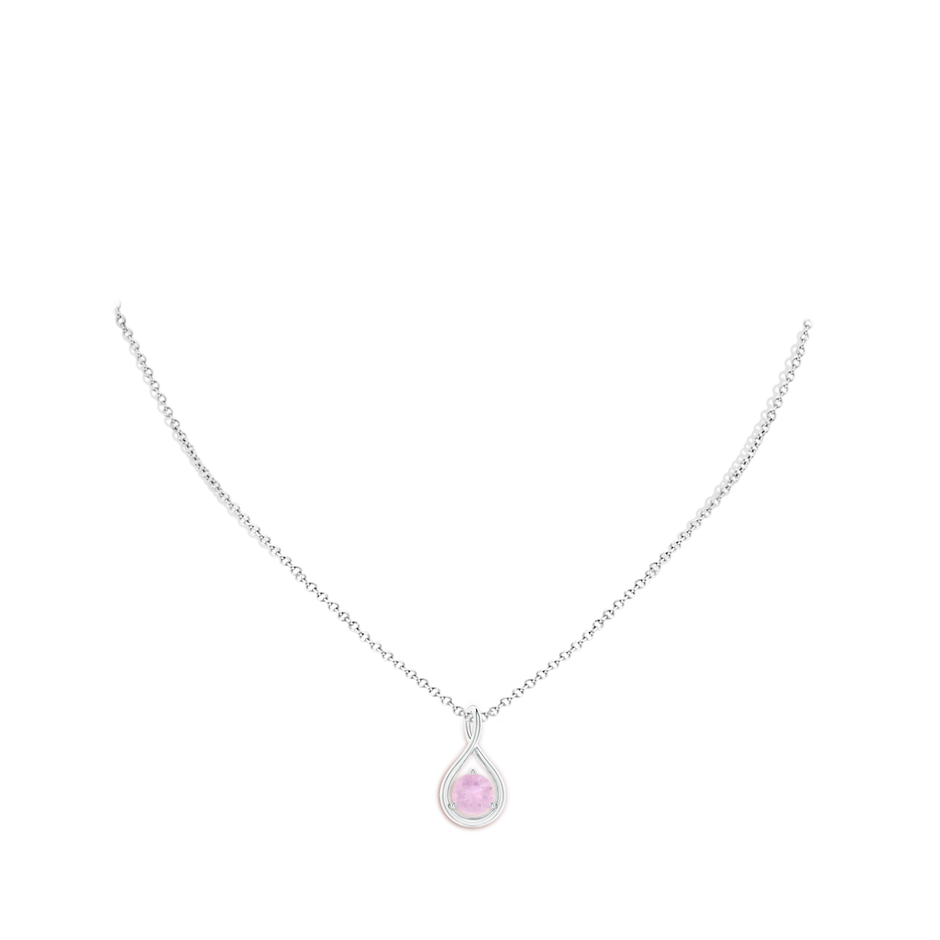 7mm AAAA Solitaire Round Rose Quartz Infinity Twist Pendant in White Gold body-neck