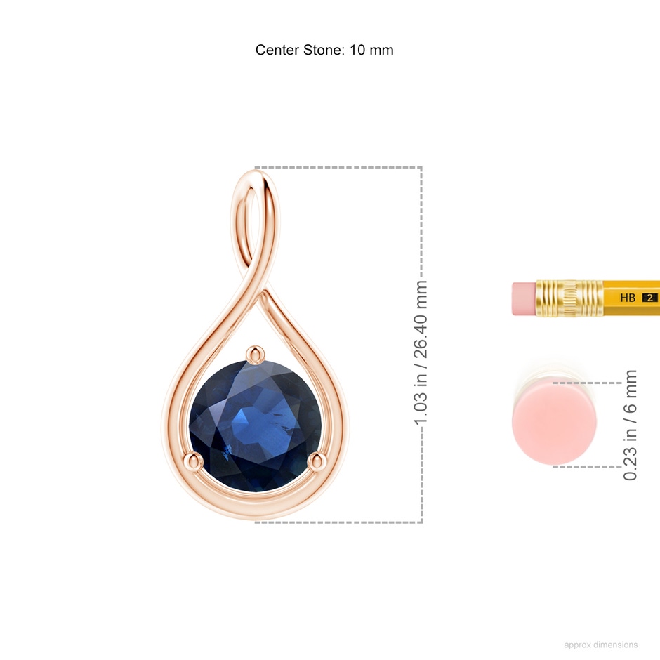 10mm AA Solitaire Round Sapphire Infinity Twist Pendant in Rose Gold ruler