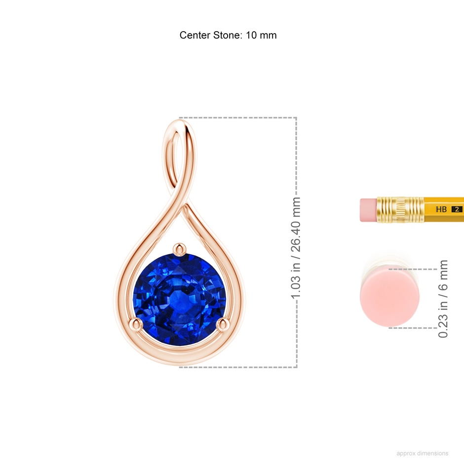 10mm AAAA Solitaire Round Sapphire Infinity Twist Pendant in Rose Gold ruler