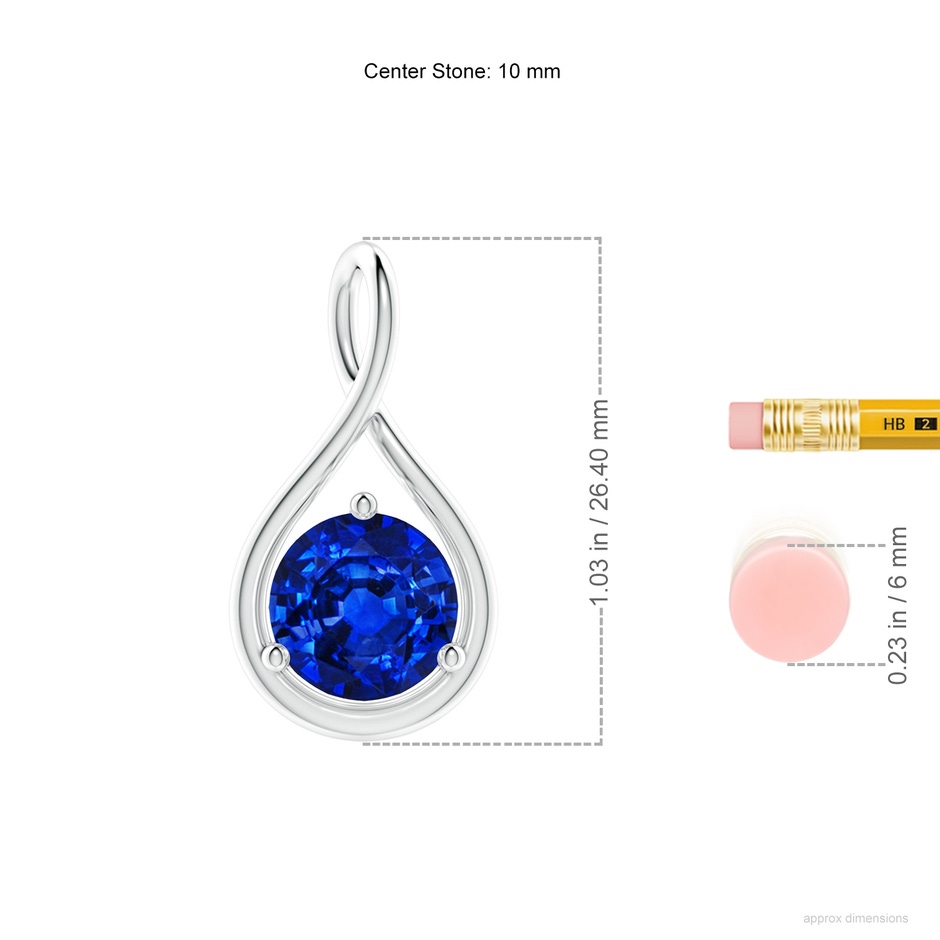 10mm AAAA Solitaire Round Sapphire Infinity Twist Pendant in White Gold ruler